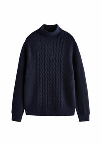 Pull en tricot bleu marine avec un motif en torsades sur le devant, des manches côtelées et un ourlet côtelé, et un col rond haut.