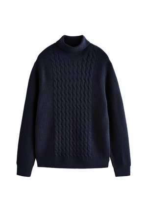 Pull en tricot bleu marine avec un motif en torsades sur le devant, des manches côtelées et un ourlet côtelé, et un col rond haut.