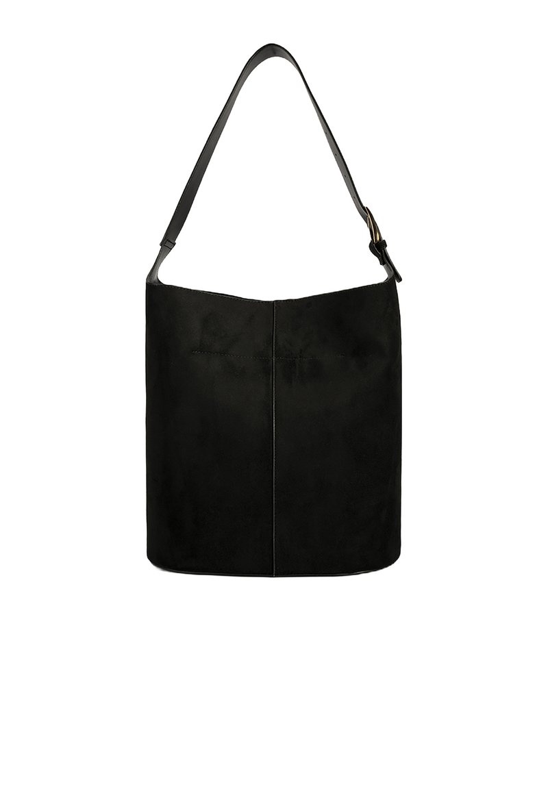 Schwarze Wildleder-Schultertasche mit weit öffnendem Oberteil, glatter Textur und einem einzelnen verstellbaren Ledertragegurt. Verfügt über ein minimalistisches Design ohne Verzierungen.