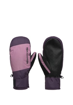 Pair of purple and pink winter mittens with textured black palm and DC Shoes USA logo on the back of one mitten.