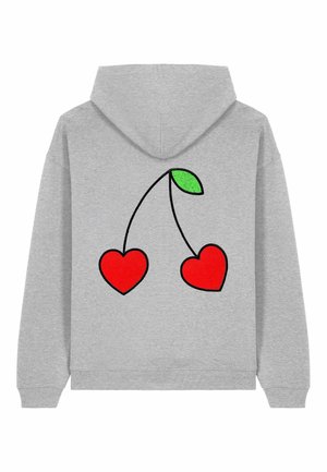 Un sweat à capuche gris arborant un grand graphique en noir représentant deux cœurs rouges avec une feuille verte au dos. Le matériau semble doux et texturé.