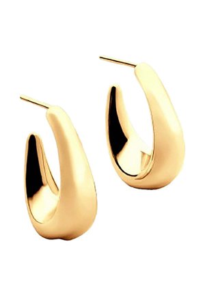 Pendientes de aro grueso en tono dorado con una forma de media luna lisa y ligeramente torcida, con cierre de cierre trasero.