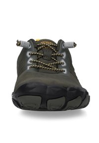 Dark green athletic shoe with gray accents, round toe, textured rubber sole, and yellow-detailed elastic laces. Features a padded collar.