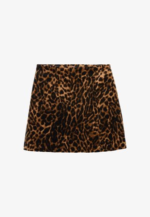 Mini gonna a stampa leopardata realizzata in un tessuto morbido. Presenta una forma svasata con macchie nere e marroni su uno sfondo beige.