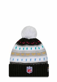 Cappello di maglia in nero, bianco, grigio e strisce colorate; presenta un pompon bianco sulla parte superiore e una toppa del logo NFL sul risvolto.