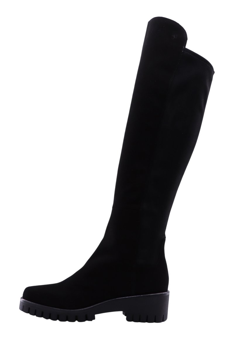 Bottes noires au-dessus du genou en matériau doux, dotées d'une semelle épaisse à finition texturée et d'un design élégant et ajusté.