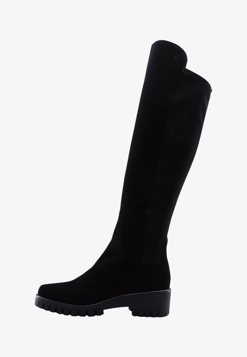 Bottes noires au-dessus du genou en matériau doux, dotées d'une semelle épaisse à finition texturée et d'un design élégant et ajusté.