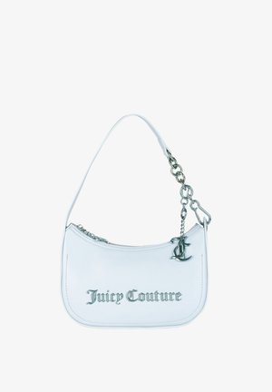 White synthetic leather handbag with silver hardware, featuring a chain strap and embossed "Juicy Couture" logo on the front.