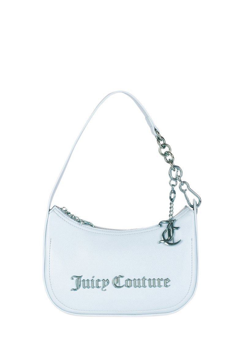 Sac à main en cuir synthétique blanc avec quincaillerie argentée, doté d'une bandoulière en chaîne et d'un logo "Juicy Couture" en relief à l'avant.