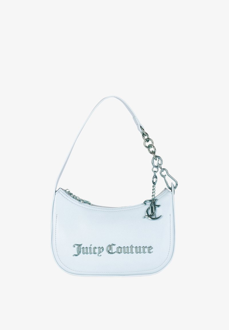 Witte synthetische leren handtas met zilverkleurige hardware, voorzien van een kettingband en een reliëf "Juicy Couture" logo op de voorkant.