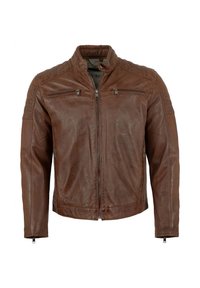 Braune Lederjacke mit Stehkragen, Reißverschluss vorne, zwei Brusttaschen und gesteppten Schulterdetails. Glatte Textur, taillierte Passform.
