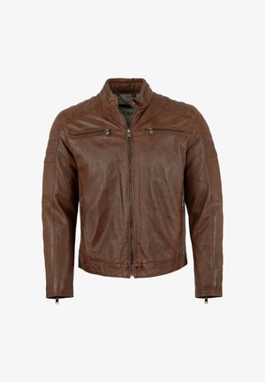 Braune Lederjacke mit Stehkragen, Reißverschluss vorne, zwei Brusttaschen und gesteppten Schulterdetails. Glatte Textur, taillierte Passform.