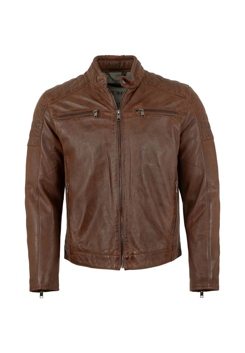 Braune Lederjacke mit Stehkragen, Reißverschluss vorne, zwei Brusttaschen und gesteppten Schulterdetails. Glatte Textur, taillierte Passform.