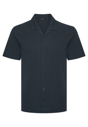 Rövid ujjú, sötét tengerészkék gombos ing sima anyagból, klasszikus nyakkal és hat elülső gombbal, egyenes végződéssel és mintázat nélkül.