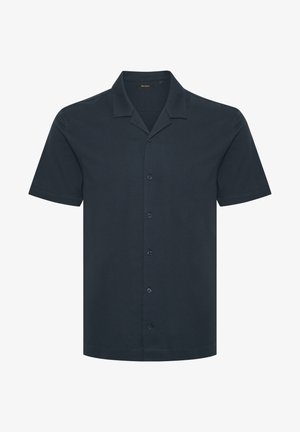 Rövid ujjú, sötét tengerészkék gombos ing sima anyagból, klasszikus nyakkal és hat elülső gombbal, egyenes végződéssel és mintázat nélkül.