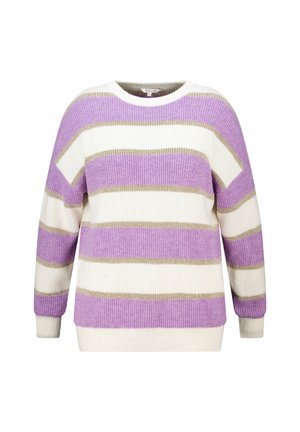 Paars en wit gestreepte sweater met gouden accenten. Gemaakt van ribbelstof. Ronde halslijn en lange mouwen met aansluitende manchetten.