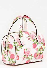 Hvid håndtaske med blomsterprint i pink og grøn, rund form, dobbelt håndtag og guld lynlåsdetalje. Accentueret med muslingeskaller og stjernetegn-designet.