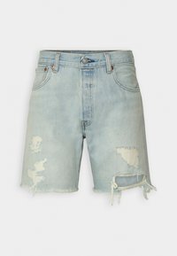 Light blue denim shorts with frayed hems and distressed patches. Features classic five-pocket design and button closure at the waist.