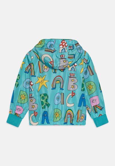 Light blue, hooded jacket featuring colorful, cartoonish patterns of stars, rainbows, and letters; elastic cuffs and hem.