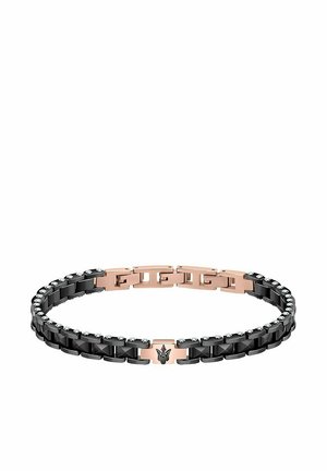 Bracelet en métal noir avec des accents en or rose et des ornements étincelants, featuring des maillons entrelacés et un détail central en emblème.