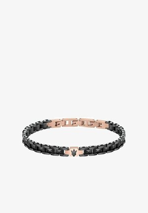 Schwarzes Metallarmband mit roségoldenen Akzenten und funkelnden Verzierungen, ausgestattet mit ineinandergreifenden Gliedern und einem zentralen Emblem-Detail.