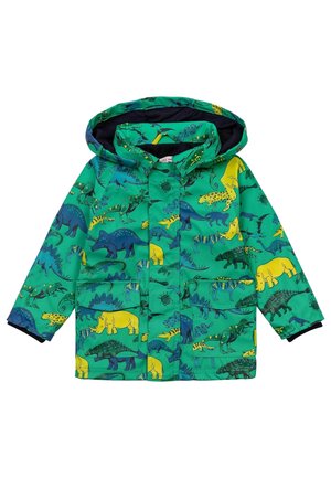 Grüner Regenmantel für Kinder mit Kapuze, versehen mit bunten Dinosaurier- und Tiermotiven sowie zwei Vorderentaschen.