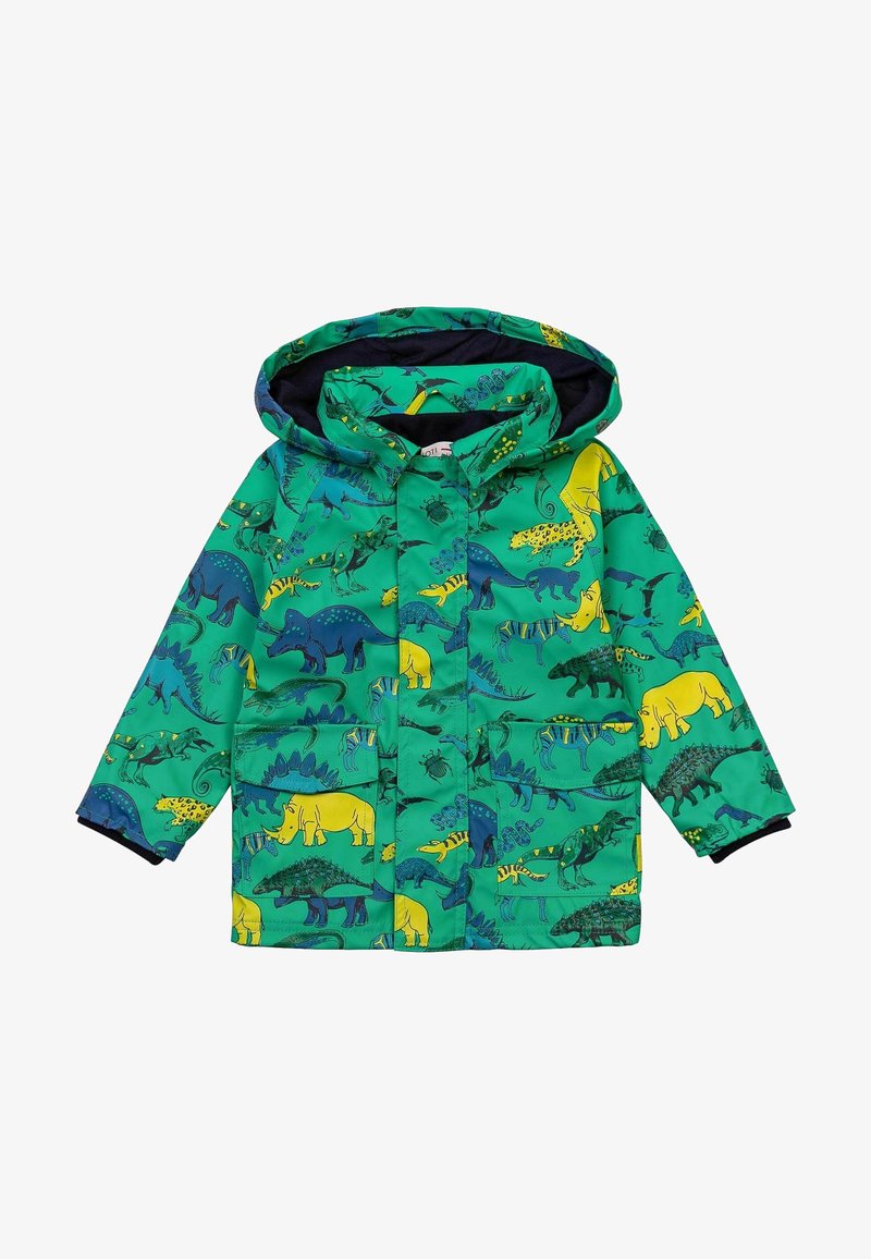 Imperméable vert pour enfants avec capuche, orné d'imprimés colorés de dinosaures et d'animaux, doté de deux poches avant.