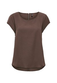 Blusa da donna marrone a maniche corte con scollatura rotonda, tessuto strutturato e chiusura con zip sul retro.