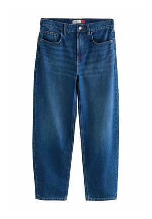 Dunkelblaue Jeans aus Denim mit geradem Bein, Fünf-Taschen-Design und Knopfverschluss. Mit dezenten Verblassungen und Ziernähten.