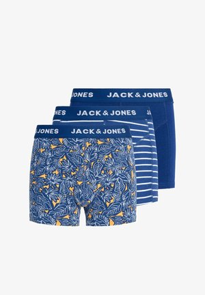 Tre par herreboxershorts i blå nuancer med blomster-, stribet og ensfarvet design med logoet "JACK & JONES" på linningen.