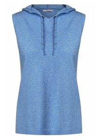 Mouwloze hoodie in lichtblauw, gemaakt van zachte gebreide stof. Kenmerkt een capuchon met trekkoord en een ribgebreide zoom voor extra textuur.