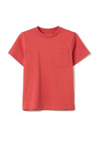 Korte mouwen, T-shirt met ronde hals in koraal, gemaakt van textuur katoen, heeft een borstzakje links met een gestikte rand. Normale pasvorm.