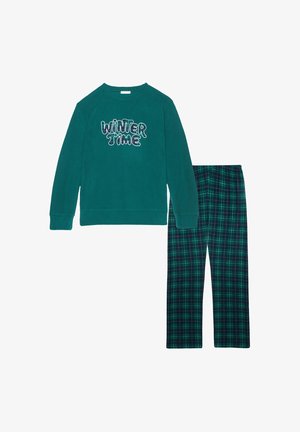 Teal langærmet sweatshirt med "WINTER TIME" grafik; sat sammen med grønne og marineblå ternede pyjamasbukser. Blødt stof, afslappet pasform.