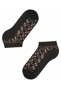 Schwarze Knöchelsocken mit einem lacy, halbtransparenten Muster an der Außenseite, die eine glatte Textur sowie verstärkte Zehen- und Fersenbereiche aufweisen.