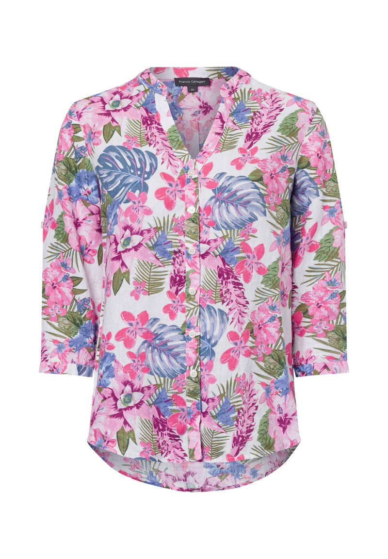 Floral print shirt with a V-neck, three-quarter sleeves, featuring pink, blue, and green flowers on a white background, button-down design.