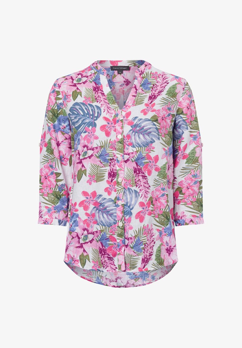 Floral print shirt with a V-neck, three-quarter sleeves, featuring pink, blue, and green flowers on a white background, button-down design.