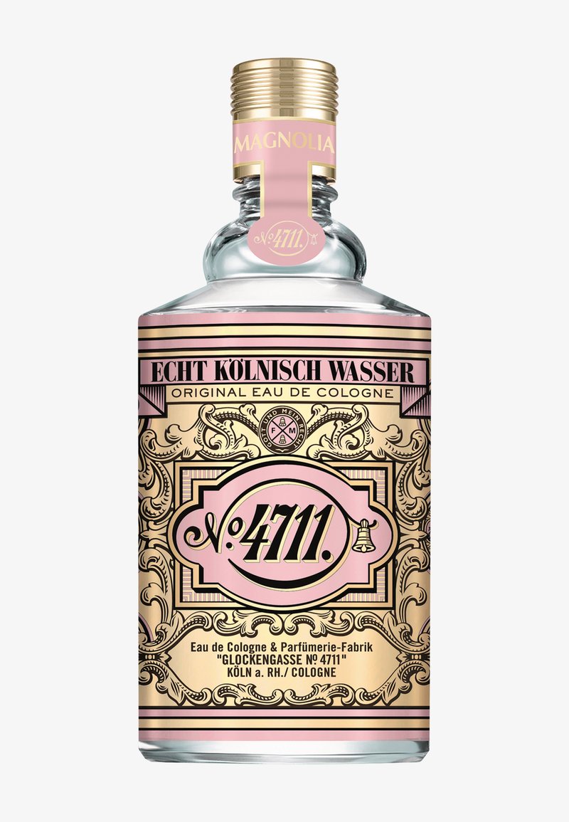 Klarer Glasflasche No. 4711 Magnolia Eau de Cologne mit prunkvollem gold-rosa Etikett und goldfarbenem Verschluss.