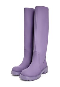 Purple, knee-high boots made of smooth material. Features a thick sole with a lug pattern and a side zipper for easy wear.