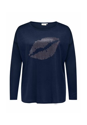 Mørkeblå langærmet skjorte med rund hals, prydet med et metallic udstoppet læber design i midten. Lavet af blødt, struktureret stof.