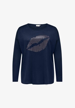 Maglietta a maniche lunghe blu navy con scollatura rotonda, caratterizzata da un design con labbra borchiate in metallo al centro. Realizzata in tessuto morbido e strutturato.