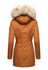 Orange parka jacket with a faux fur-trimmed hood, slim fit, long sleeves, and a smooth fabric texture. Includes a small logo patch on the sleeve.