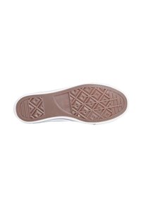 White sneaker sole with a textured brown rubber surface featuring geometric patterns, including diamond shapes and horizontal stripes.