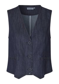 Dunkelblaues Denimweste mit V-Ausschnitt, vorderen Knöpfen und zwei seitlichen Taschen. Das Design ist ärmellos mit geradem Saum.