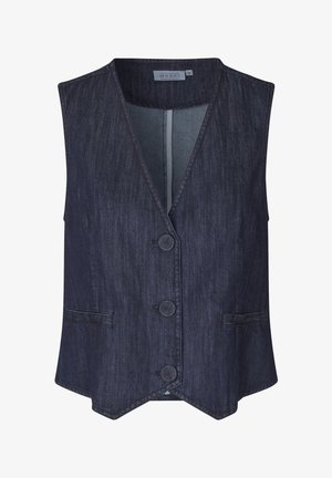 Czarna dżinsowa kamizelka z dekoltem w kształcie litery V, z przodu zapinana na guziki oraz z dwoma bocznymi kieszeniami. Projekt bez rękawów z prostym dołem.