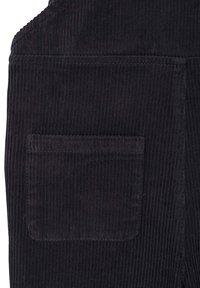 Black corduroy overalls featuring a square pocket and ridged texture. Stitched detailing along the seams adds a structured look.