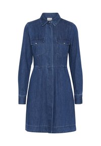 Denimmekko, jossa on kaulus, pitkät hihat, kaksi rintataskua, kohdalle istuva vyötärö ja suora leikkaus, tummansinisessä värissä ja näkyvällä ompelulla.