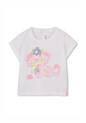 White short-sleeve t-shirt featuring a pink and purple leopard graphic with floral accents, holding a colorful ice cream cup.