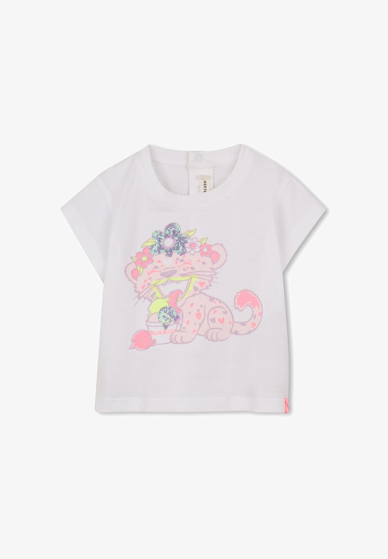 T-shirt blanc à manches courtes avec un motif de léopard rose et violet orné d'accents floraux, tenant une coupe de glace colorée.