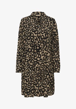 Leopard print dress in beige and black, featuring a collar, long sleeves, and a keyhole detail at the neckline. Smooth fabric texture.