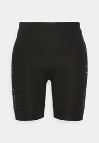Shorts de sport noirs taille haute avec des détails sur les coutures latérales et jambes ajustées, conçus pour une activité physique.